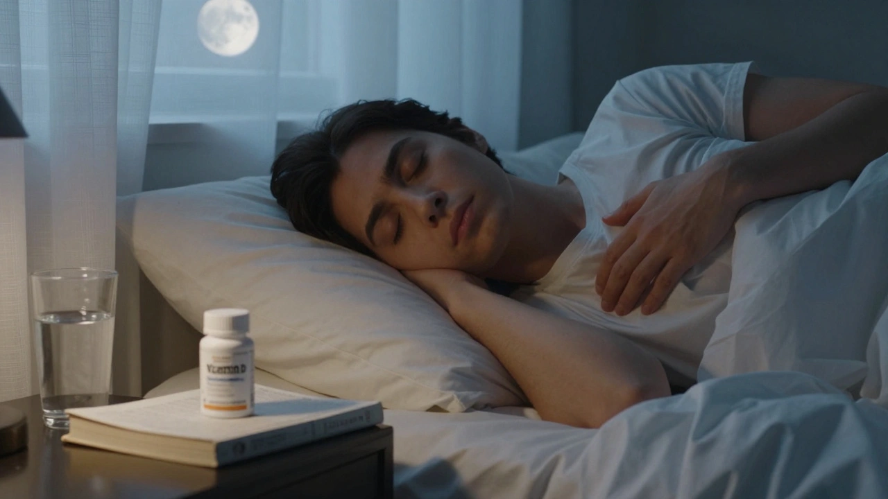 Osoba spící v posteli s doplňky vitamínu D a magnezia na nočním stolku