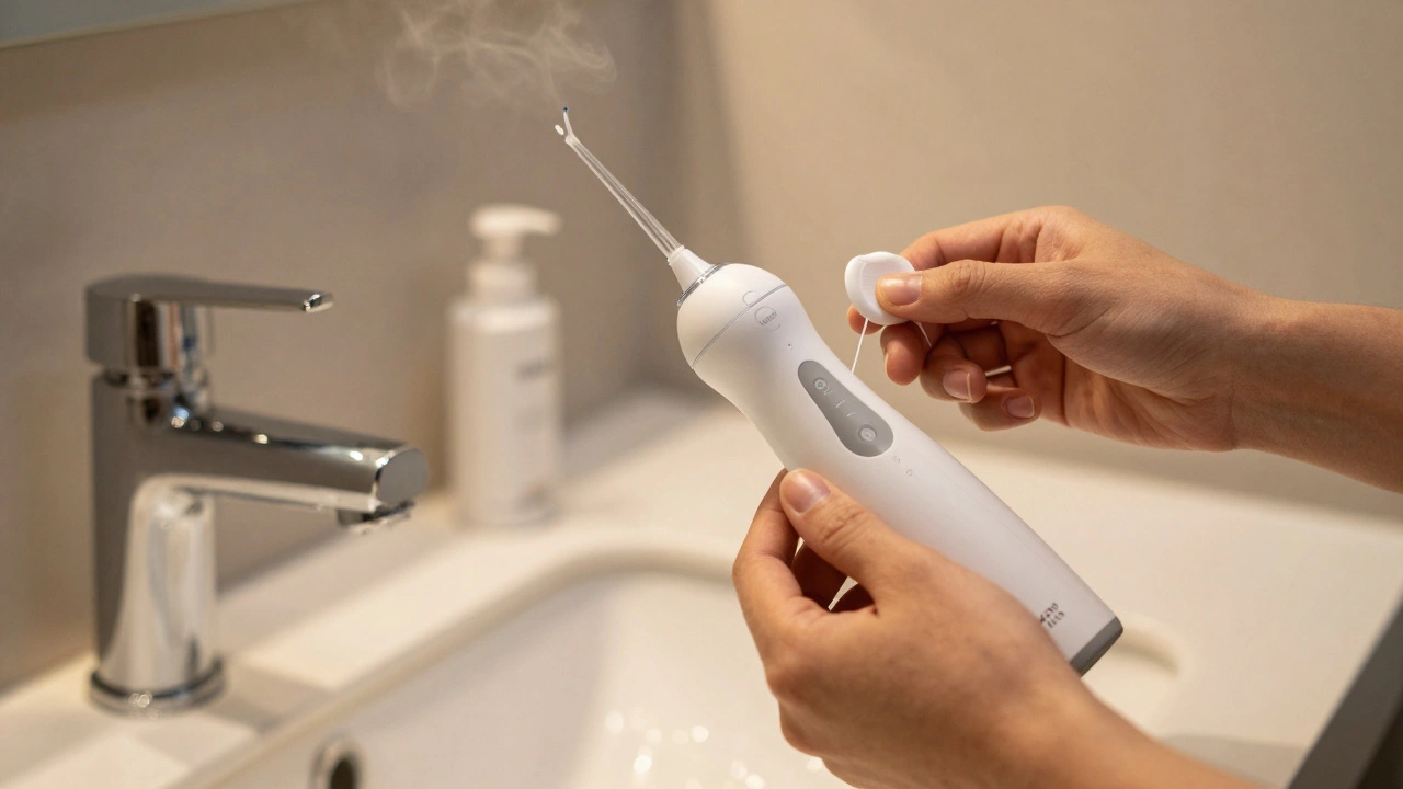 Person using water flosser and dental floss together in a bathroom setting.