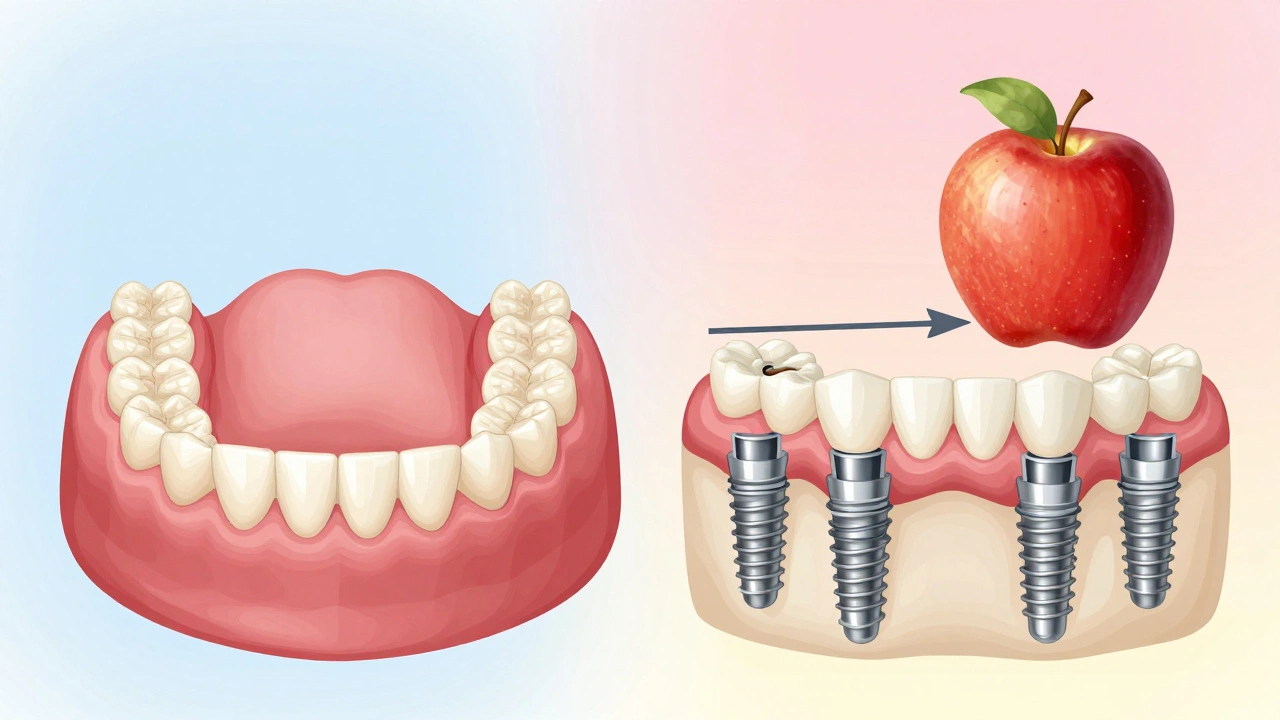 Porovnání pohyblivé protézy a pevné hybridní náhrady s kostní strukturou.