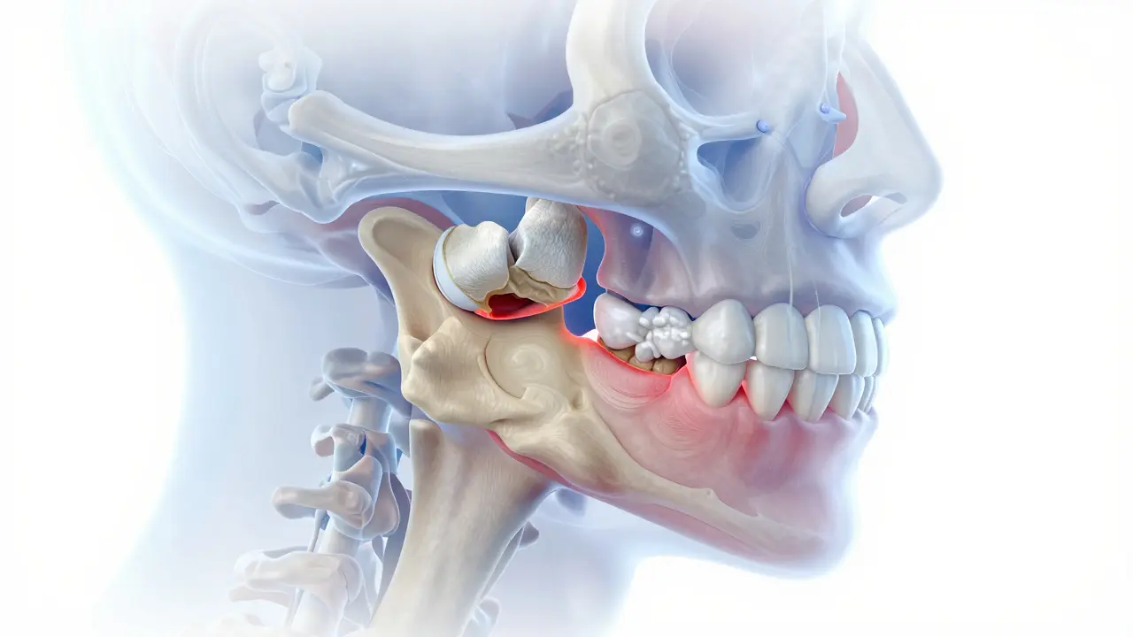 Poškozený temporomandibulární kloub s nesprávným přiléháním zubů.