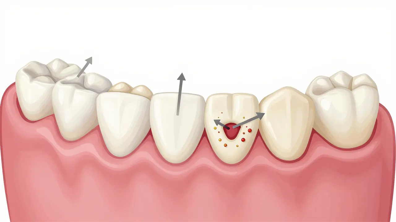 Přehled anatomie čelisti s vyrůstajícími trvalými stoličkami za mléčnými zuby.