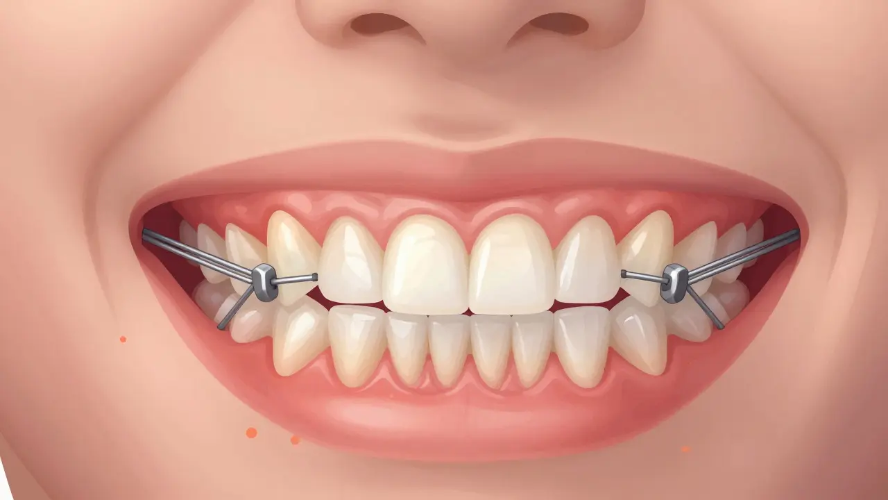 Přehled vnitřní stavby čelisti s ortodontickými drátky a zánětlivými oblastmi.