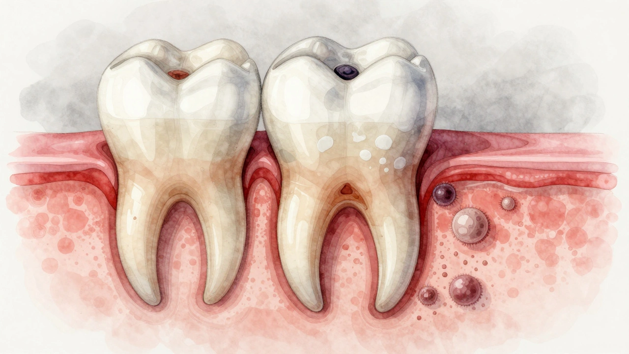 Průřez zubu ukazující demineralizaci a kazu pod emailem.