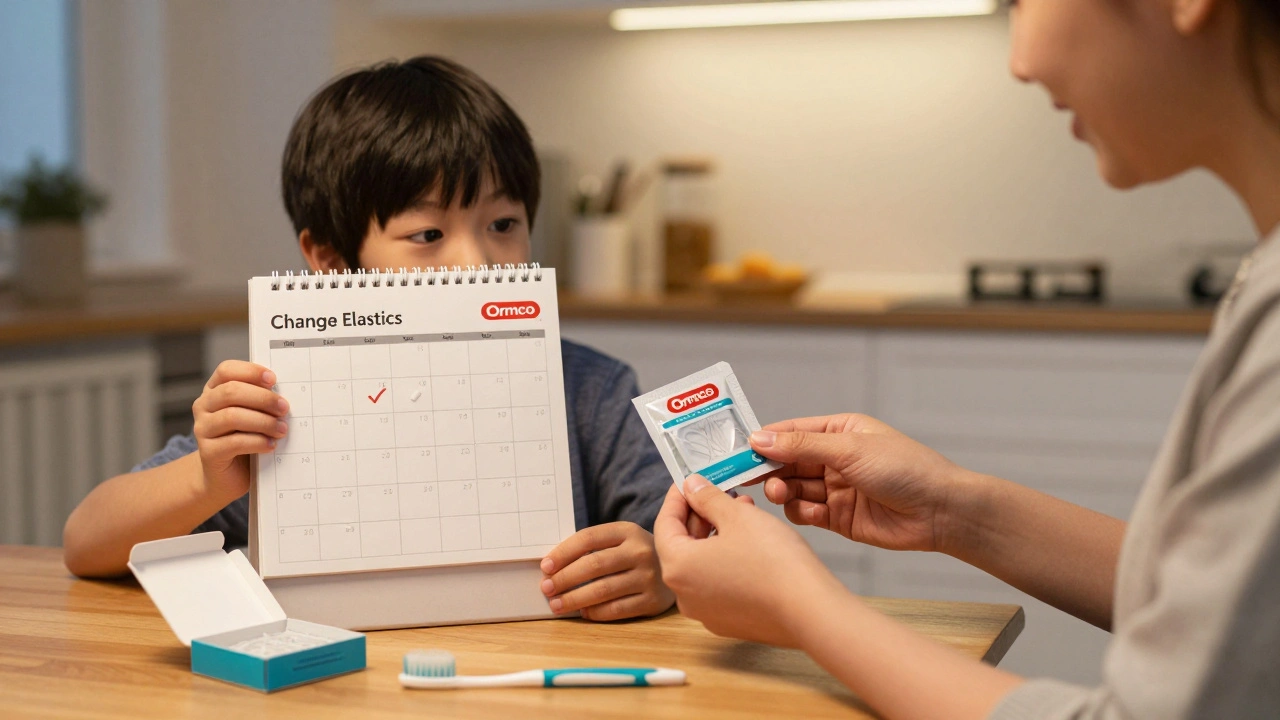 Rodič a dítě společně zaznamenávají měnění gumiček v kalendáři na stole.