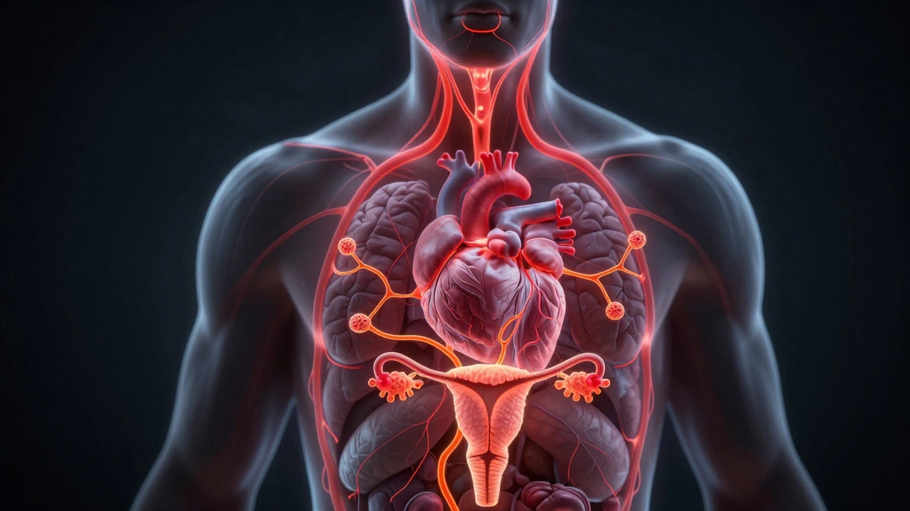 Schematic znázornění šíření bakterií z úst do srdce, mozku a dělohy.
