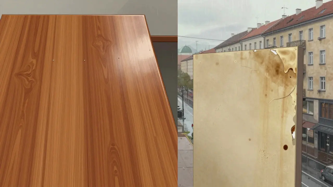 Side-by-side comparison of new glossy composite veneer versus old yellowed, cracked one.