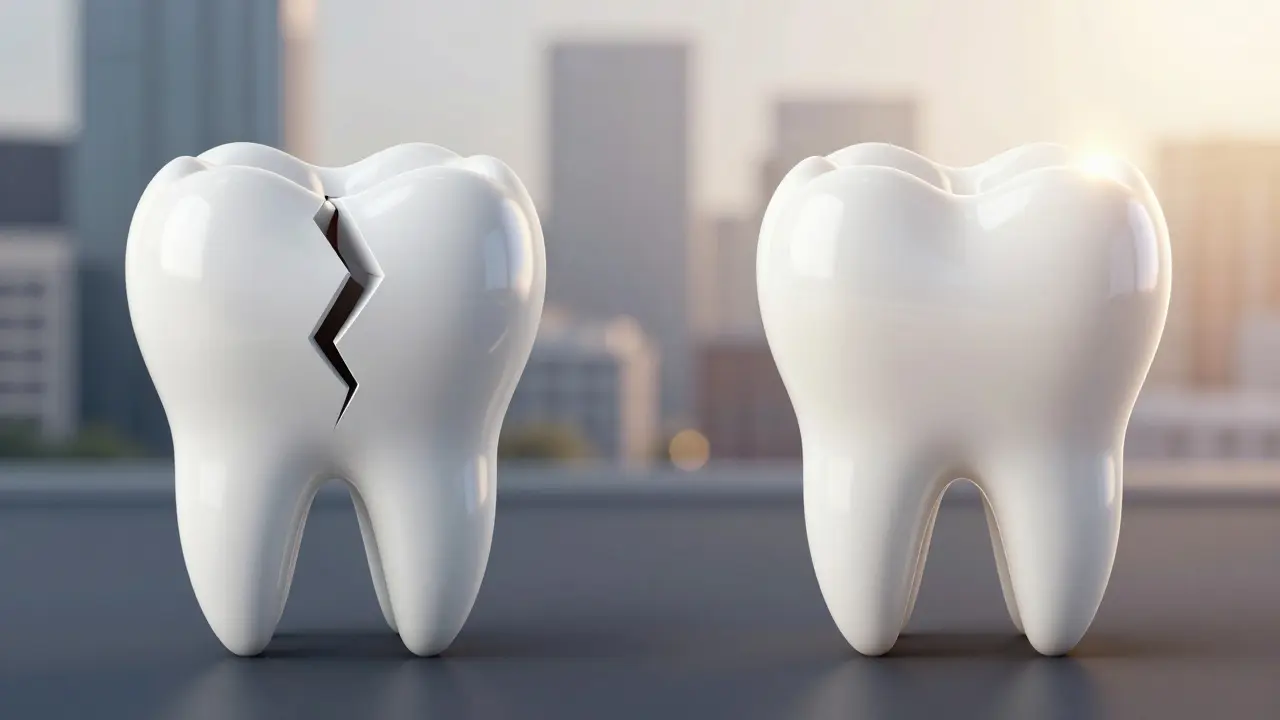 Side-by-side: damaged tooth vs. restored radiant smile with ceramic veneer.