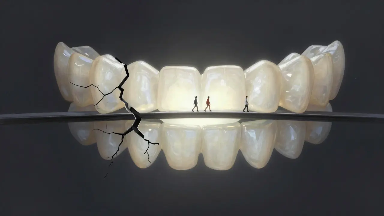 Symbolický most z nalepovacích zubů spojuje rozbitý úsměv s jasnou budoucností.