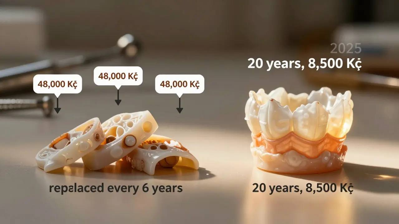 Timeline comparing long-term costs of composite veneers vs. zirconia crown.