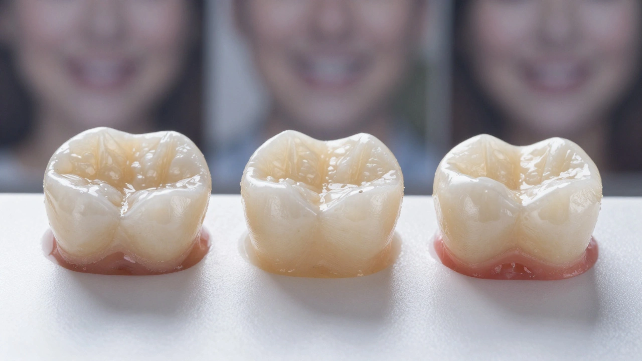 Tři druhy zubních oprav: výplň, čepička a oděv na bílém pozadí.