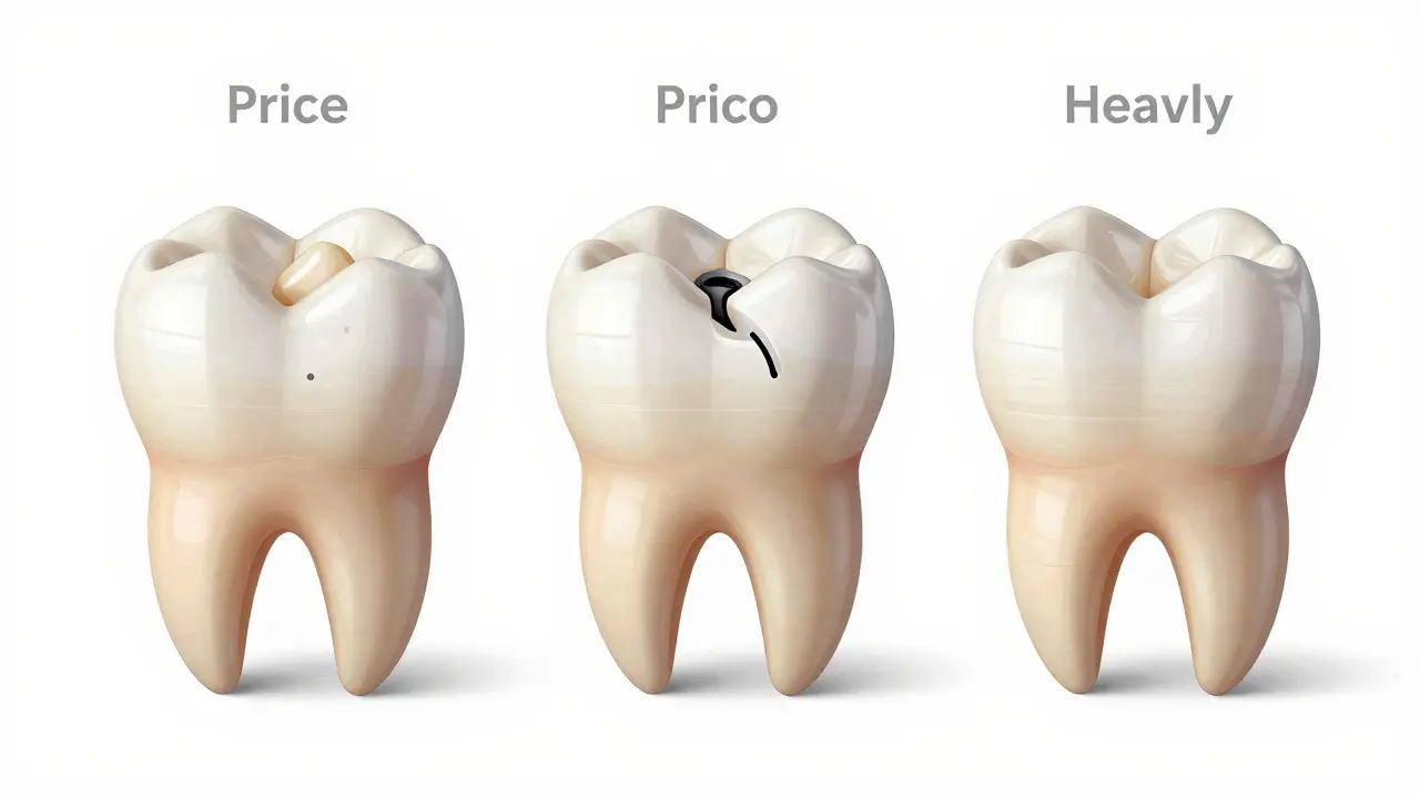 Tři typy oprav předního zubu: kompozit, keramická vložka a korunka, vedle sebe v přirozeném světle.