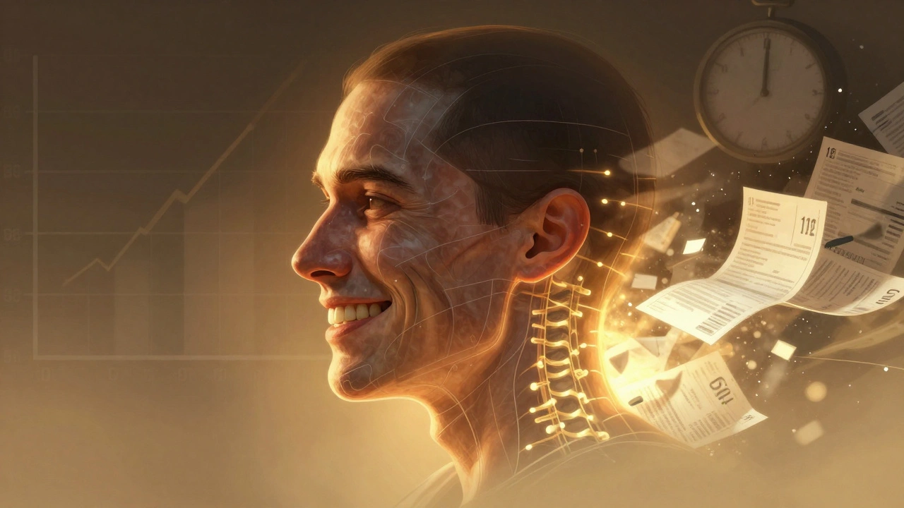 Tvář se mění od bolesti k sebevědomí s viditelnými anatomickými strukturami.