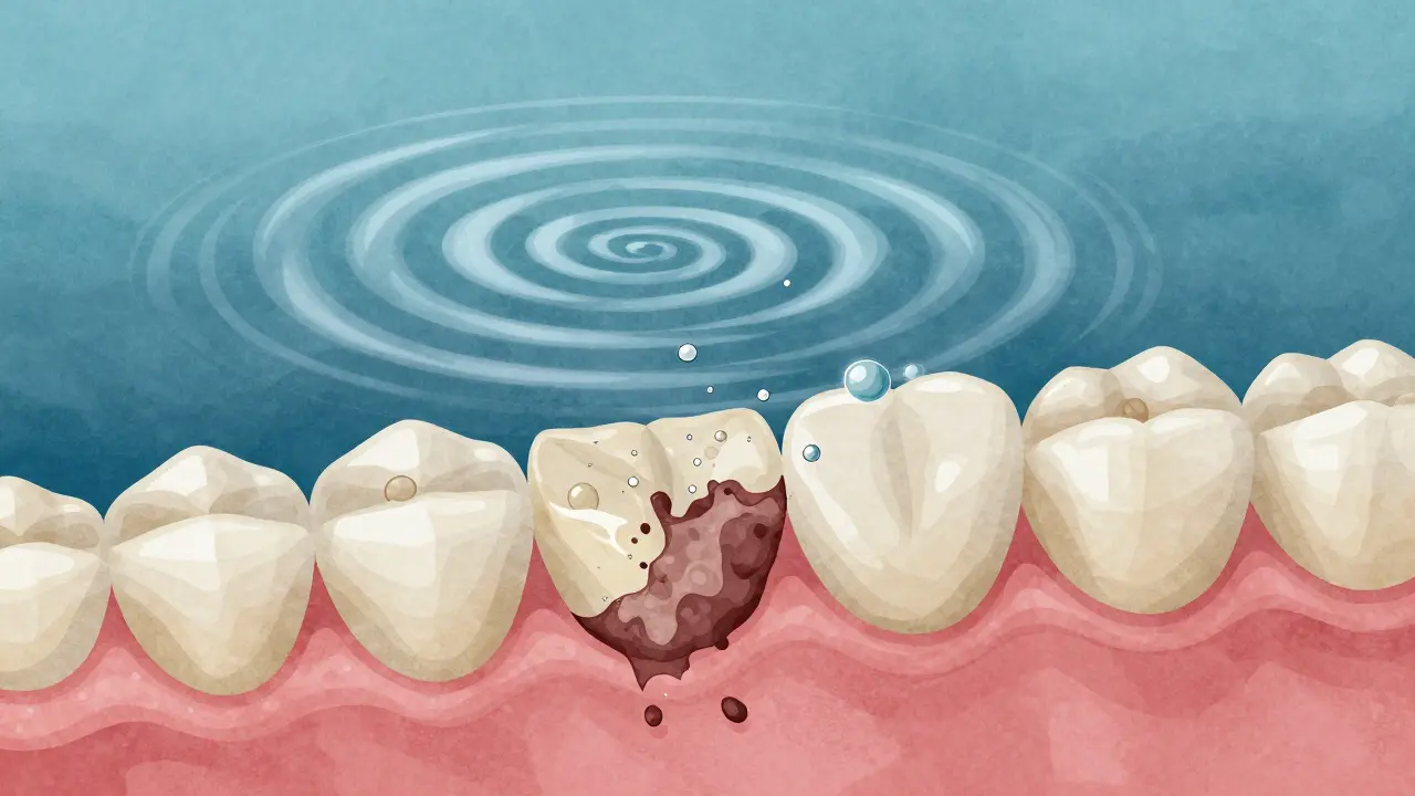 Ultrazvukové vlny rozkládají zubní kámen na povrchu zubu, viditelné mikrobublinky a odstraňování plaku.