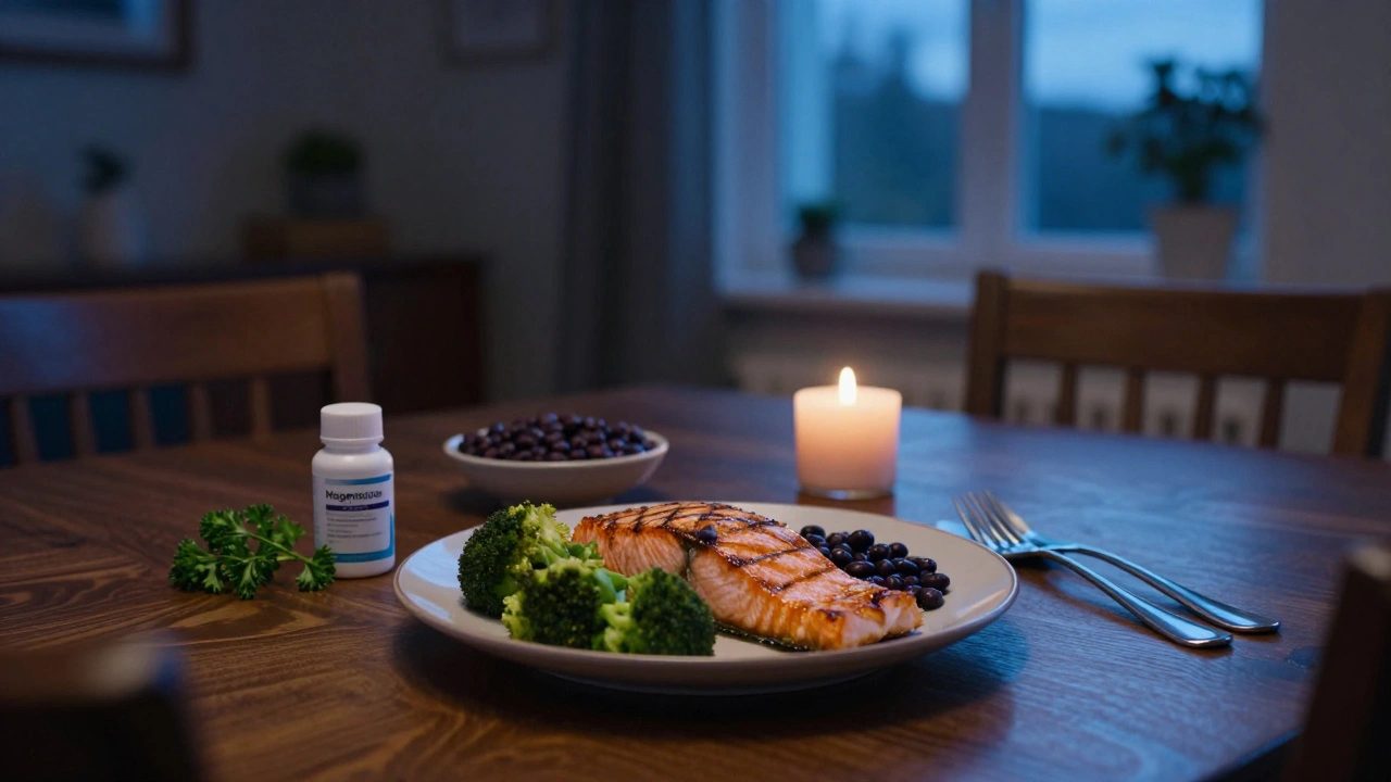 Večeře s lososem, brokolicí a černou fazolí v klidném prostředí