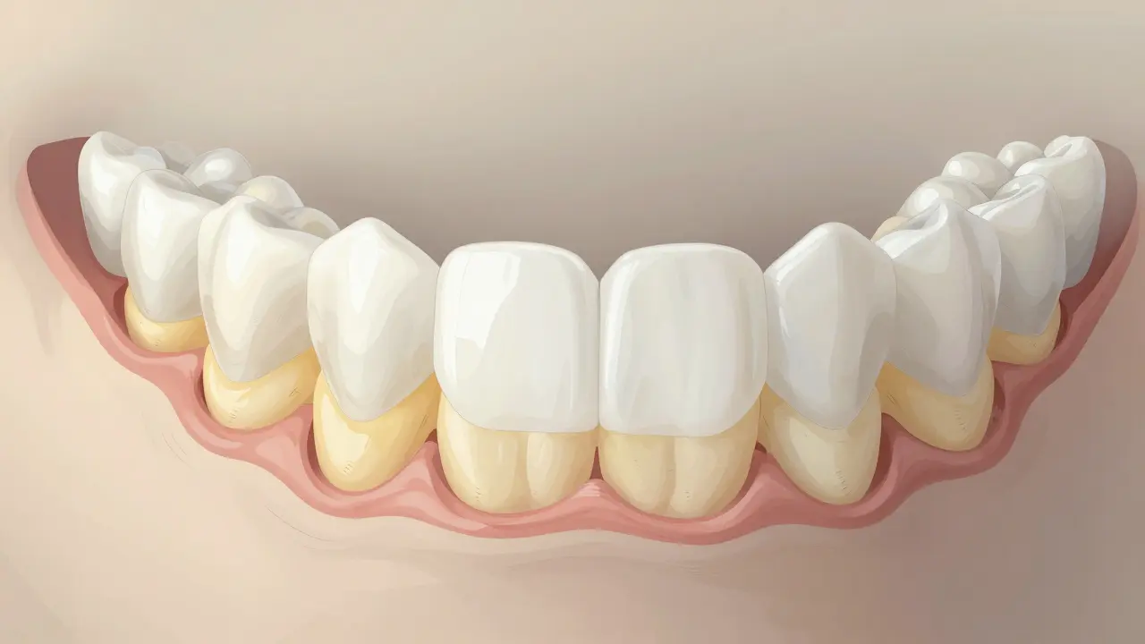 Vnitřní vrstvy zubu: průhledná sklovina a žlutý dentin s věkovým přechodem.