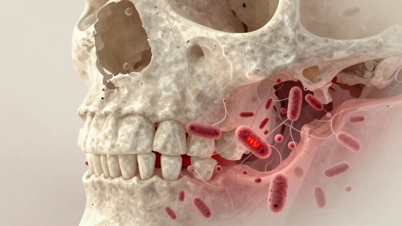 Zdravá a ničená čelist v kontrastu, bakterie ničí kost kolem zubů.