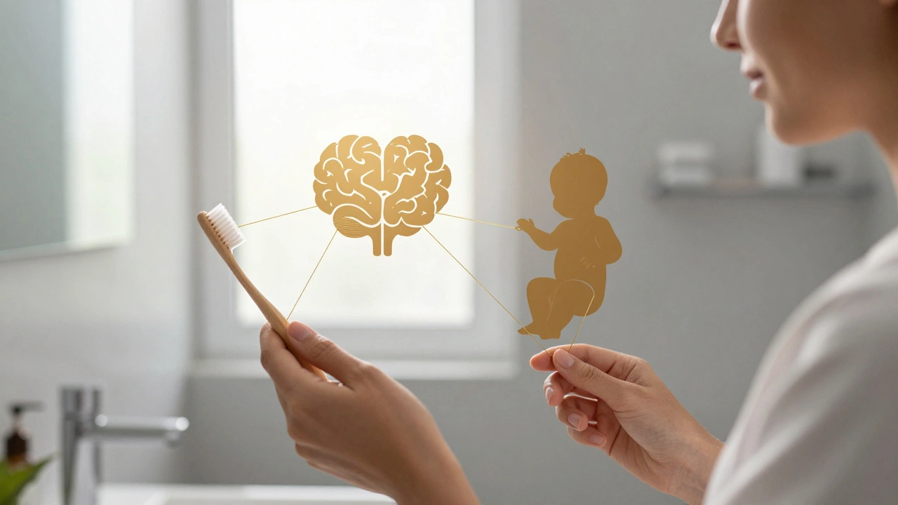 Žena drží kartáček a symboly srdce, mozku a dítěte spojené zlatými nitěmi.