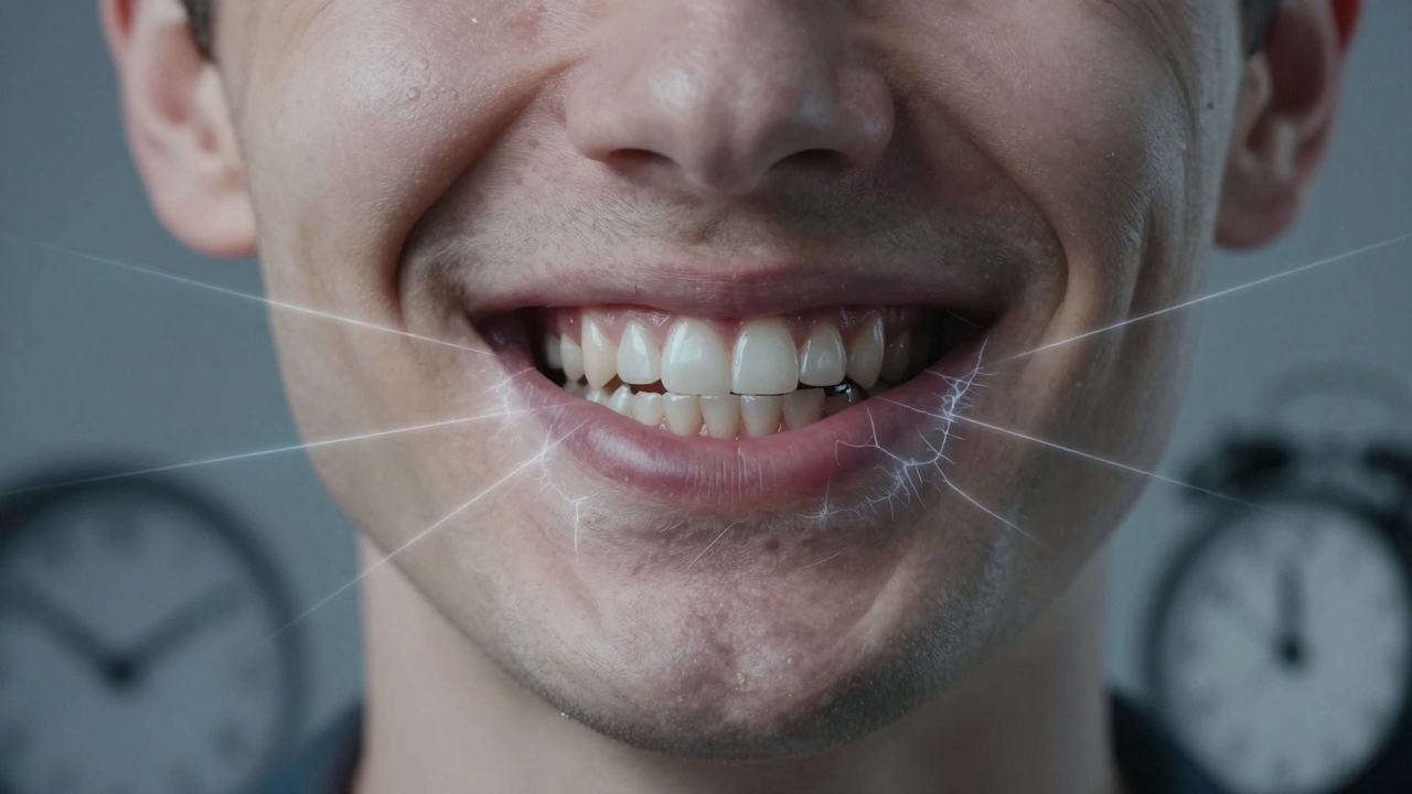 Zub s odlomenou korunkou v úsměvu, kolem něj viditelné varovné čáry.