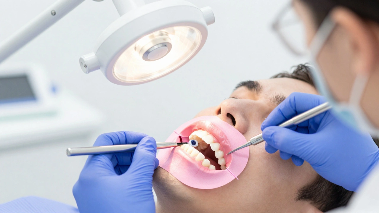 Zubař kontroluje přiléhání plomby pomocí papírku.