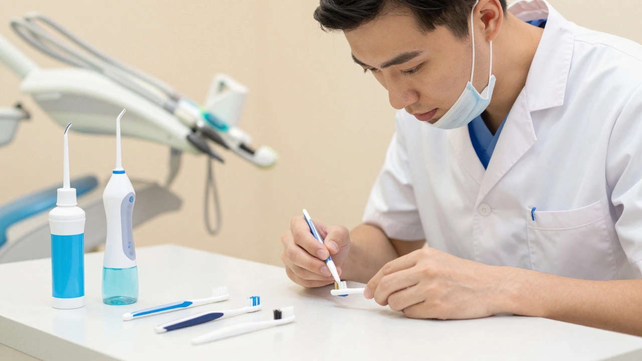 Zubní hygienistka ukazuje pacientovi s rovnátky správné nástroje pro čištění.