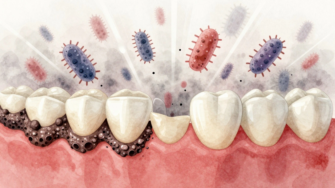 Zubní kámen jako tmavý nános na zubech vs. čisté zuby po odborném čištění, symbolické přeměny.