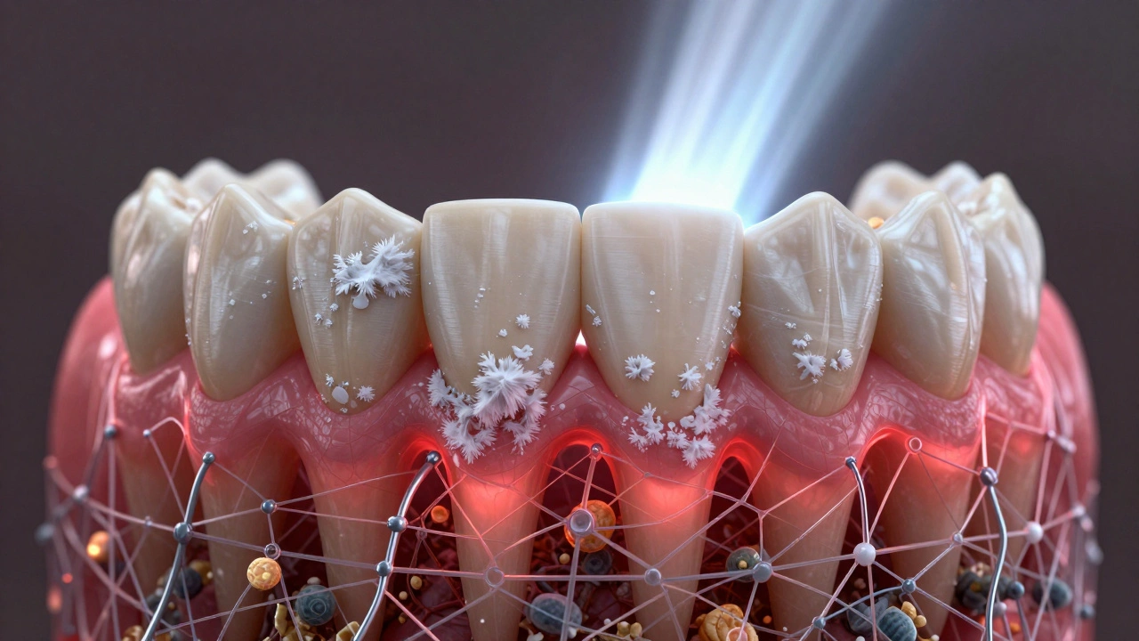 Zuby v síti s hromaděním plaku a zánětem dásní, osvěžené fluoridovým světlem.