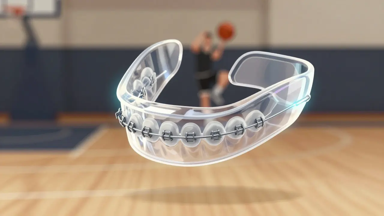 Basketball player jumping with protective mouthguard designed for fixed braces.