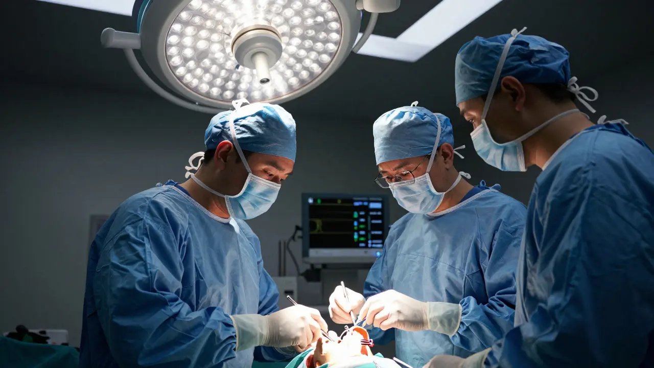 Chirurg a jeho tým provádí složitou operaci čelisti v operačním sále pod jasnými operačními světly.