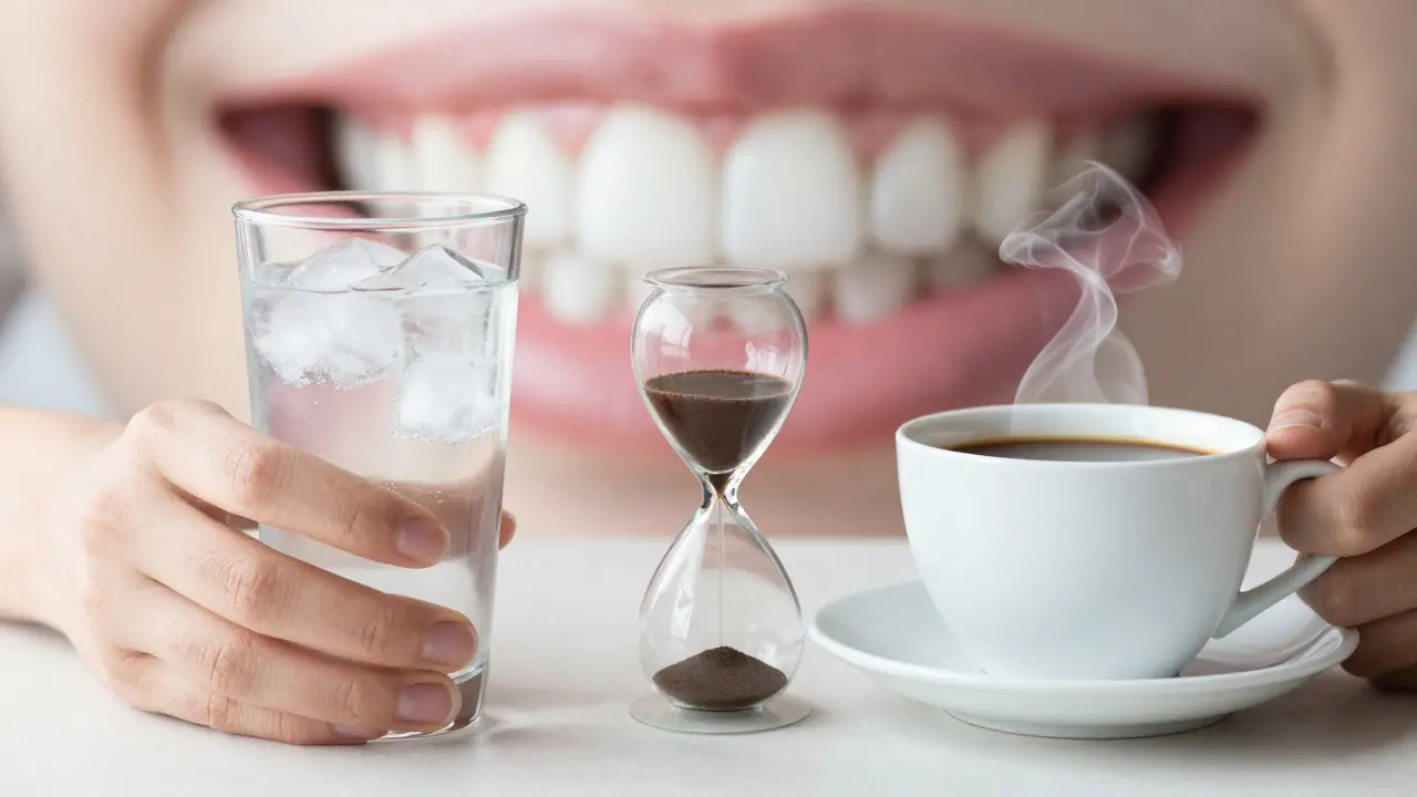 Chladná voda s ledem a horká káva vedle sebe s hodinami mezi nimi.