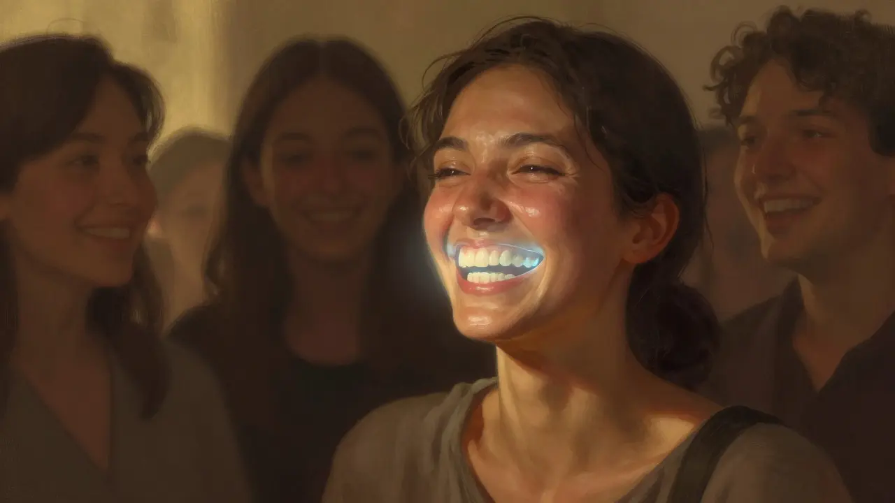 Člověk se směje na večírku, přičemž jeho úsměv je překrytý průhledným efektem fazet.