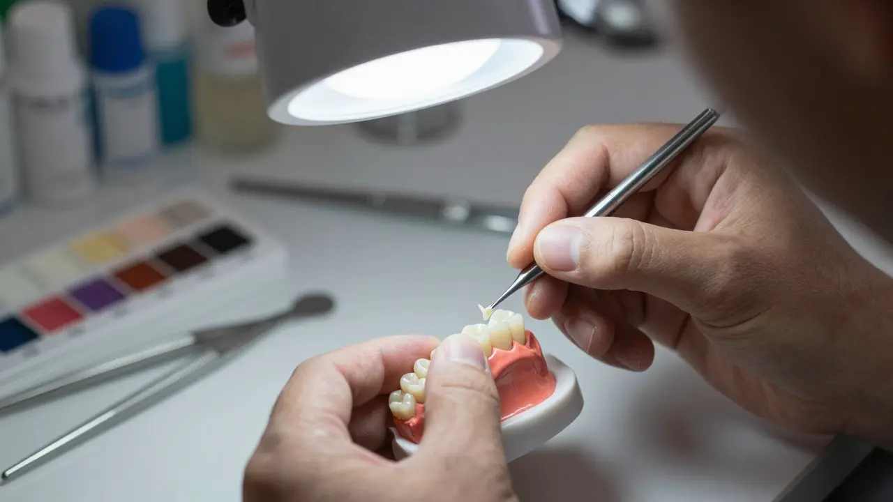 Dentální technik připevňuje tenkou keramickou fazetu na model zubu.
