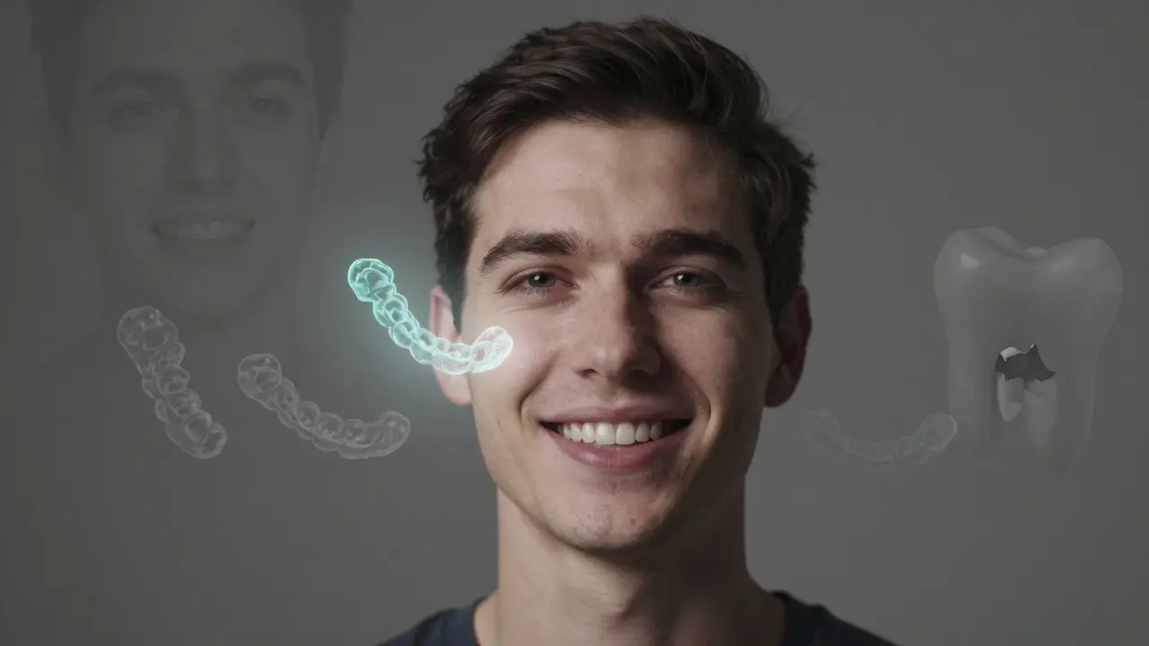 Dospělý se skrytými rovnátky, která symbolizují léčbu a klid, s odstupňovanými stíny dřívějších problémů.