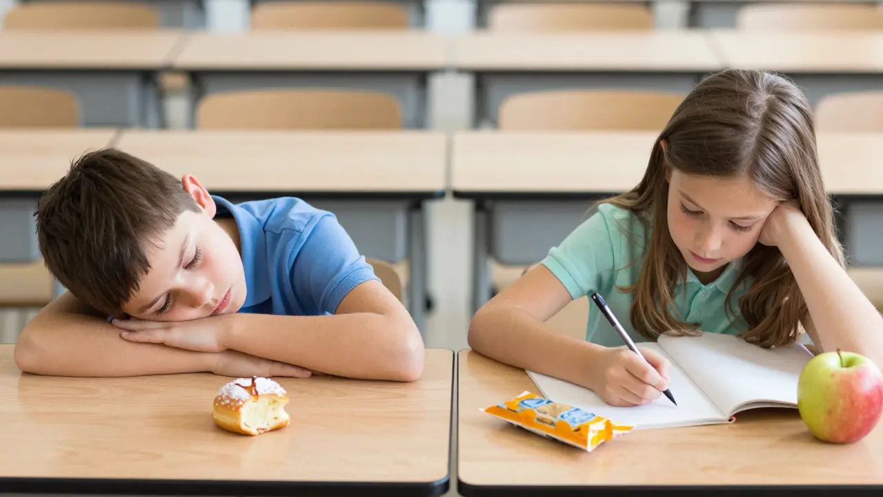 Dvě cesty dítěte ve škole: unavené s cukrem vs. energické se zdravým předkusem.
