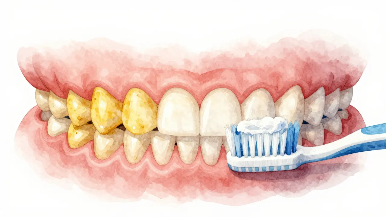 Dvě strany zubů: žluté po kurkumě a čisté po čištění běžnou pastou.