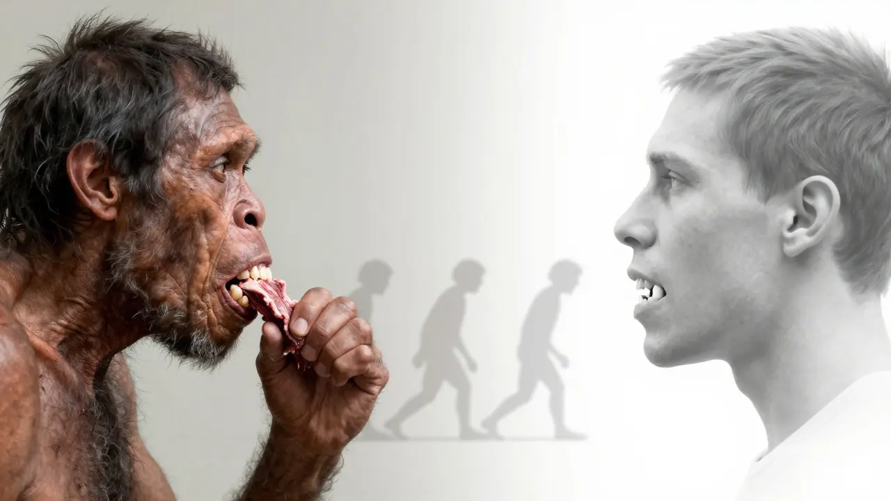 Evoluční srovnání: starověký člověk s velkou čelistí a moderní člověk s impaktovaným zubem moudrosti.