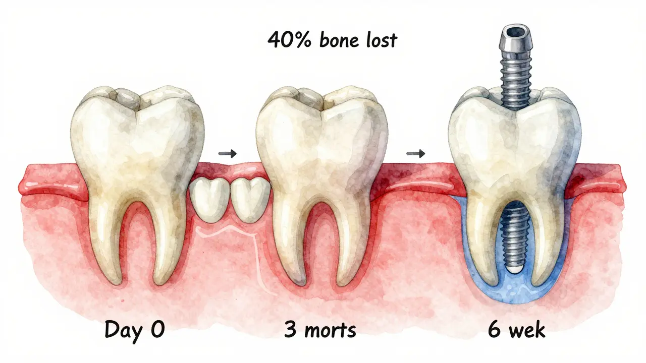 Illustration showing bone loss over time and implant restoring jawbone structure.
