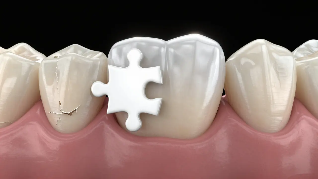 Keramická onlay jako kus skládačky, který se zapadá do zubu, v kontrastu k rozsáhlé korunce.