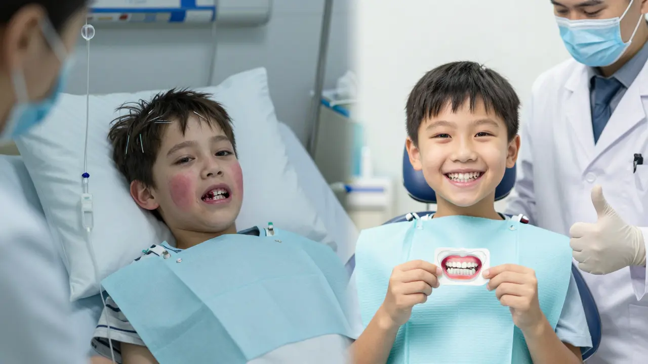 Kontrast mezi bolestivým zubním problémem u dítěte a zdravým úsměvem po prevenci.