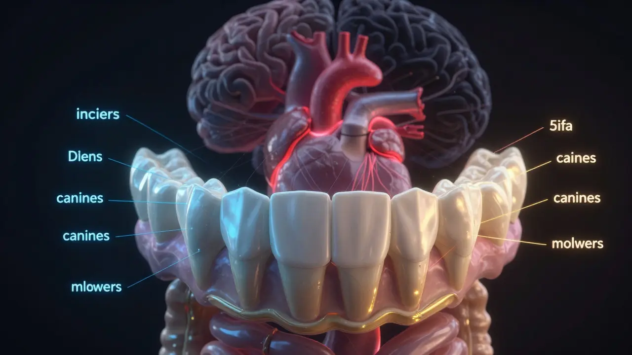 Kost čelisti s rozsvícenými zuby různých barev, propojenými světelnými vlákny s tělem.