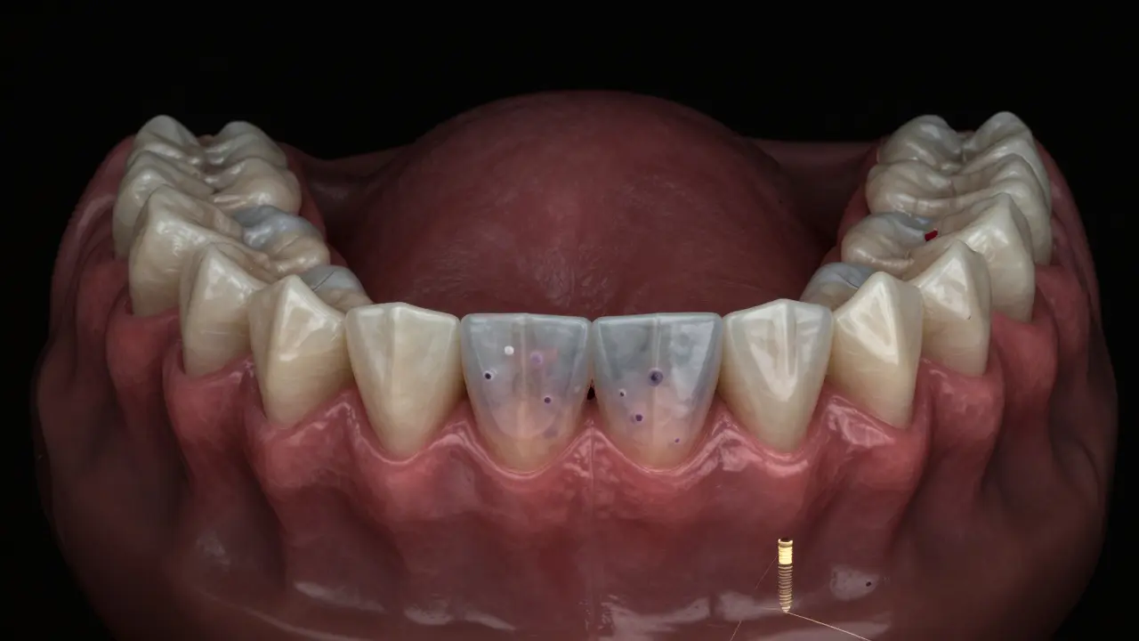Kostní struktura čelisti s poškozenými dásněmi pod protézou a bakteriemi.