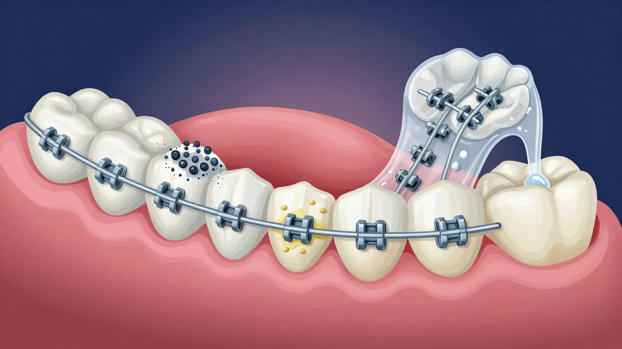 Křížový řez zubů s plakem a bakteriemi pod rovnátky v noci.