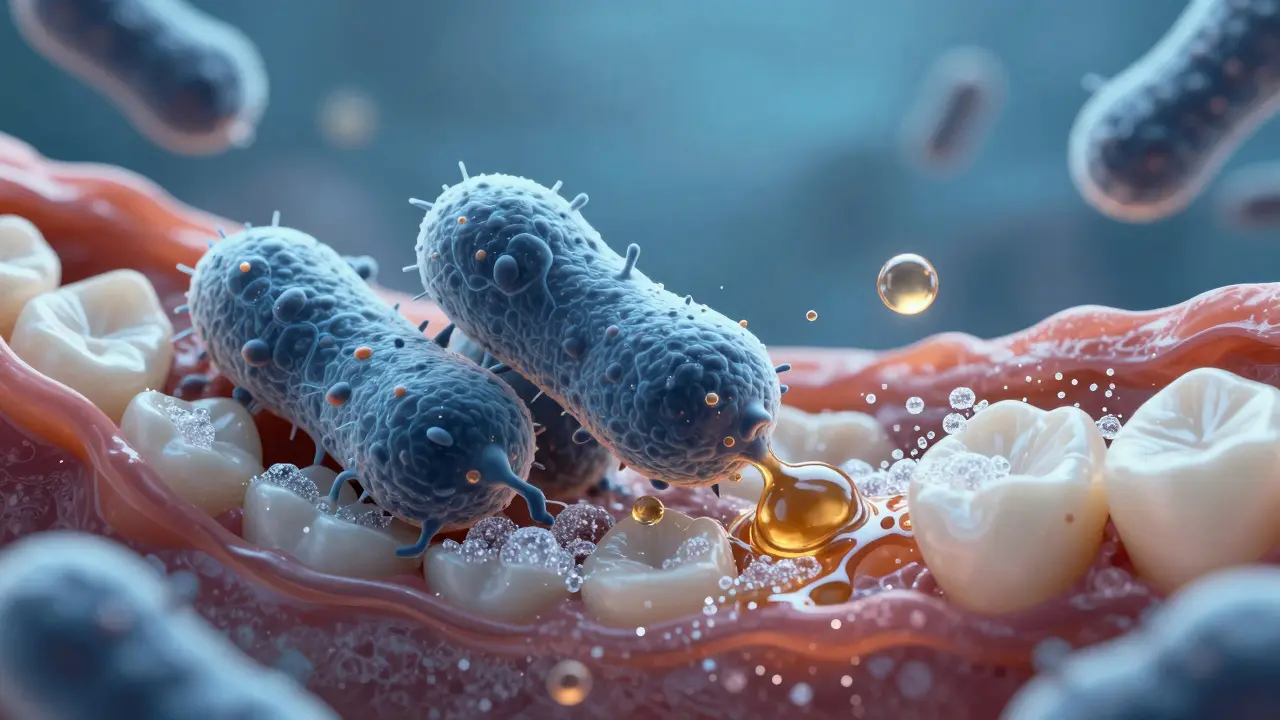 Mikroskopický pohled na bakterie ničící zubní sklovinu kyselinou.