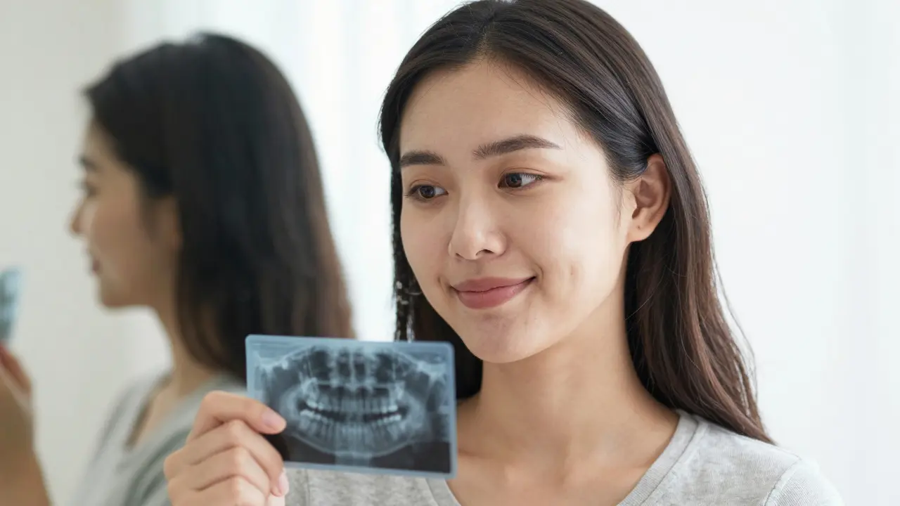 Mládence drží dentální rentgen s viditelným zubem moudrosti a retentorem na zubech.