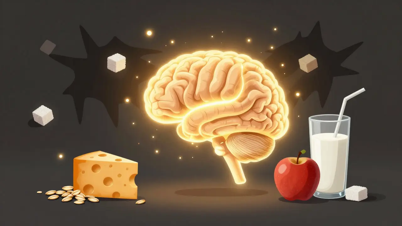 Mozeček dítěte svítí energií z vyvážené výživy, zatímco sladké potraviny zmizí ve stínu.