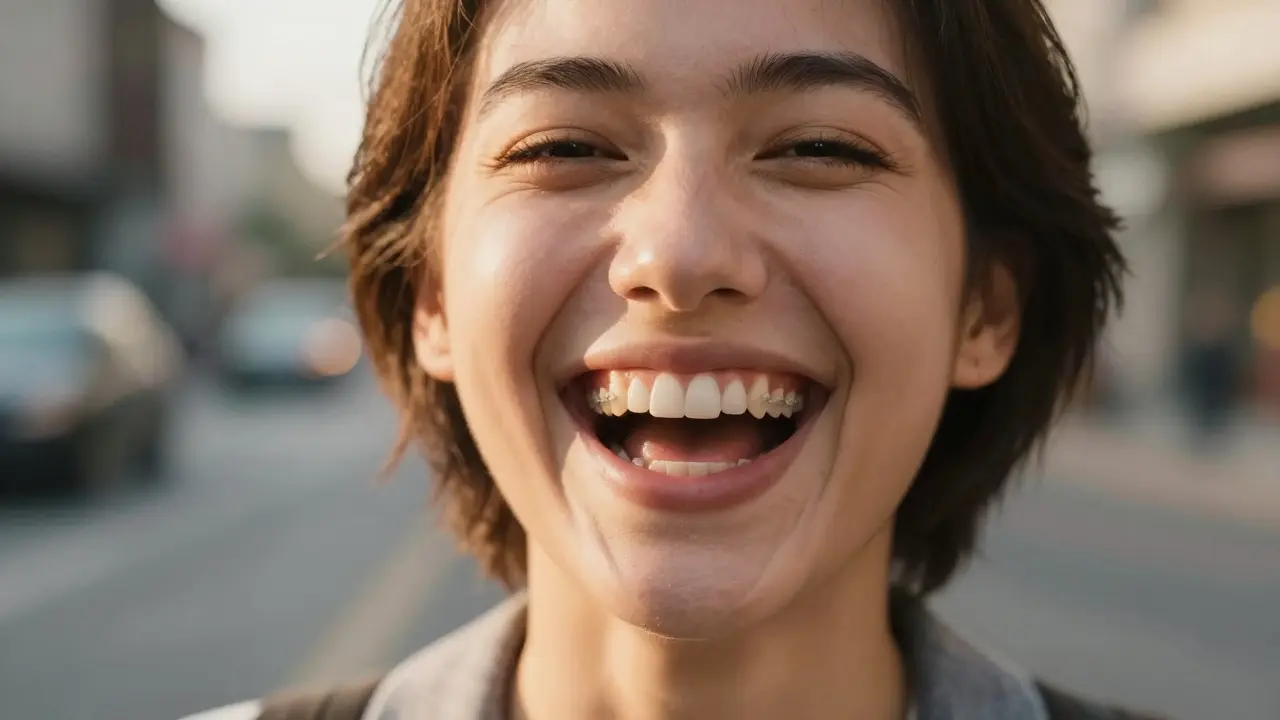 Muž se směje volně po odstranění rovnátek, jeho úsměv je otevřený a přirozený.