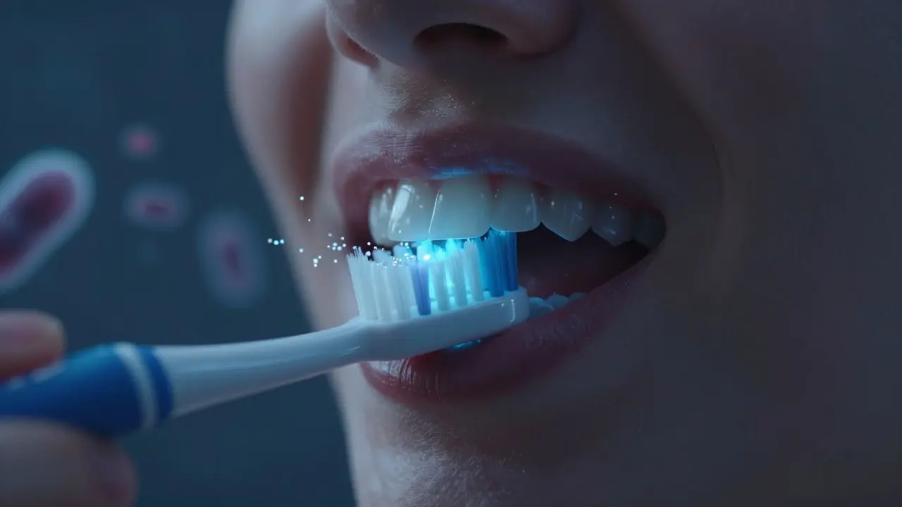 Noční scéna úst s obnovou sklovinky minerály při čištění sonickým kartáčkem.