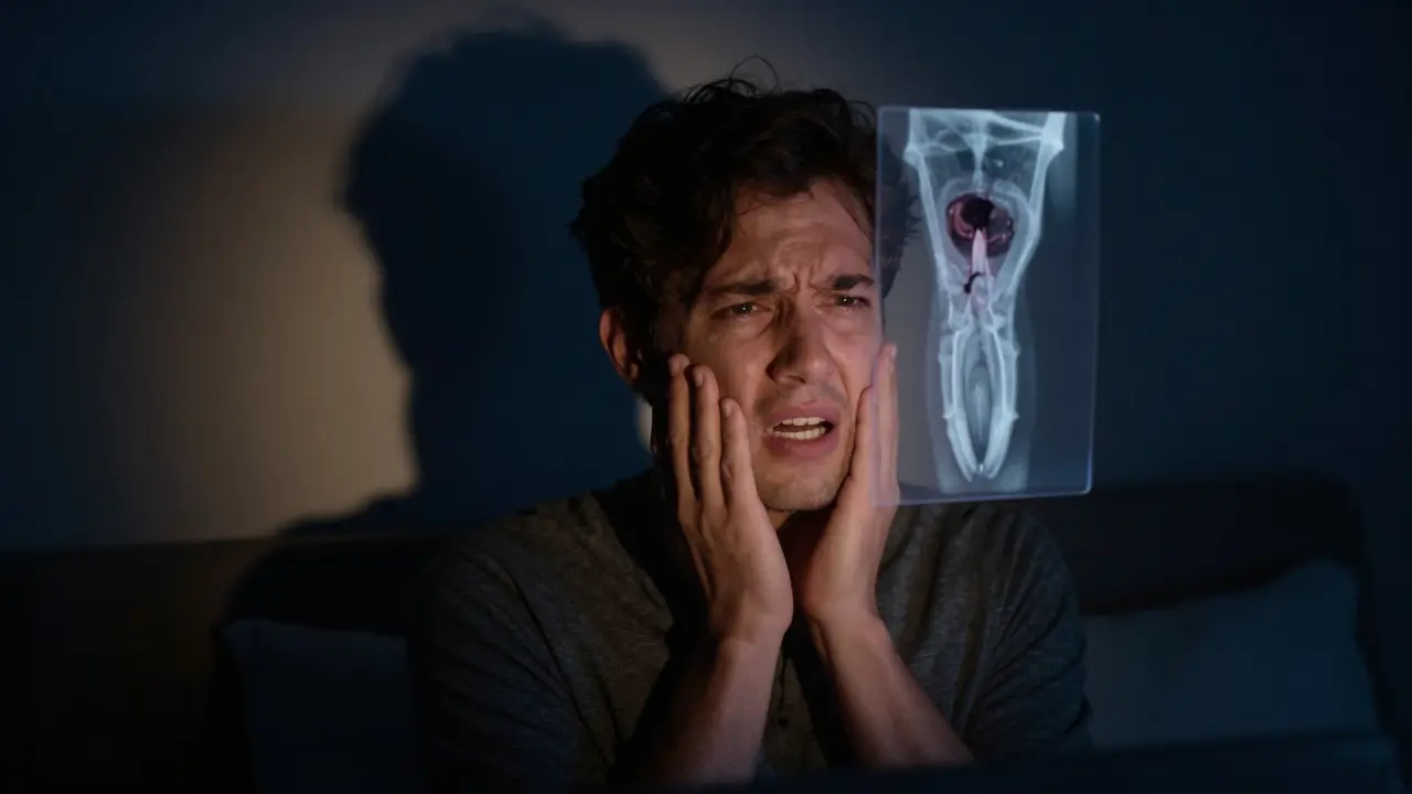 Osoba držící tvář v bolesti s překrytou rentgenovou snímkem zubu.