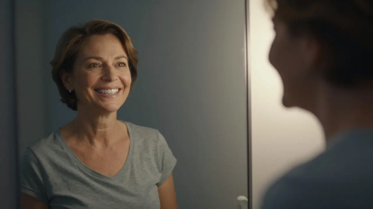 Osoba s průhlednými ortodontickými nápravami se dívá do zrcadla, její odraz je jasnější.