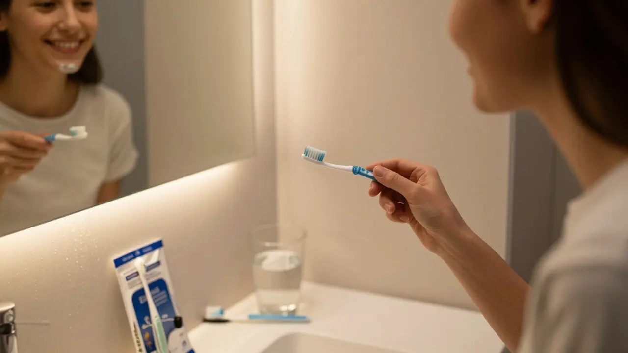 Osoba se dívá do zrcadla a čistí mezery mezi zuby večer.