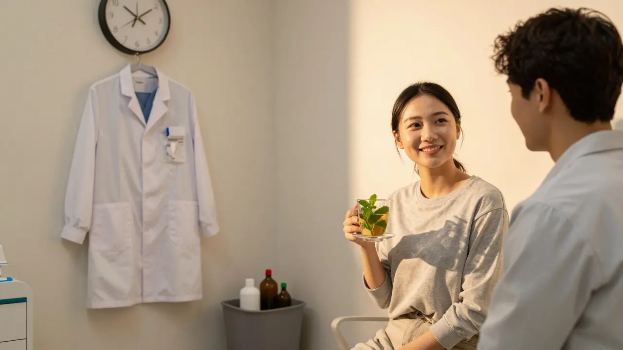 Pacient pije máťový čaj v čekárně zubního lékaře, den 7 po operaci.